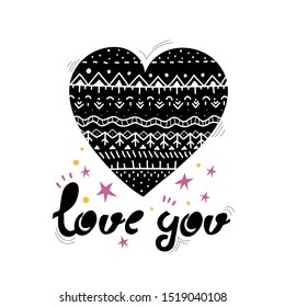Love you. vector illustration with cartoon heart, inscription, stars, decor elements, dots, lines. Scandinavian style, ornament, hand-drawing. romantic theme. design for valentines day greeting cards,