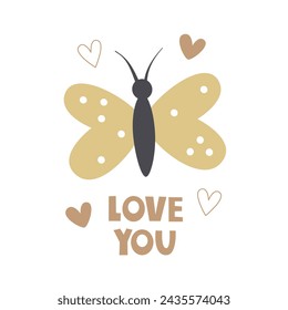 Love you. Vector illustration with cartoon bytterfly, hand drawing lettering, decor elements. romance. Design for Happy Valentine's Day greeting cards, print, posters.
