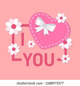 I love you vector illustration in flat design. I heart you. I love you lettering in frame with heart, bow and flowers. Holiday greeting card for Valentines day, Mothers day, Birthday and wedding