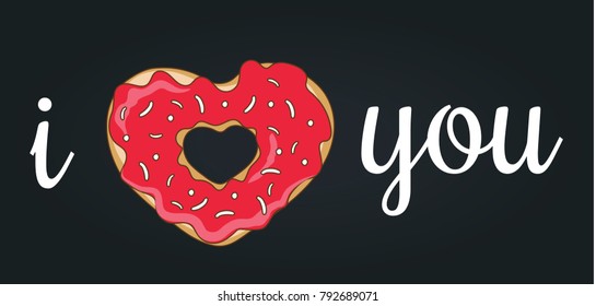 I love you vector illustration of a greeting card with a sweet heart donut on a black background