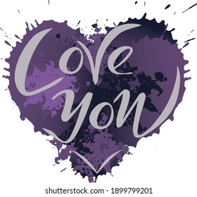 
Love you. Vector illustration on a background of watercolor splashes. Handwritten lettering in the shape of a heart. Typographic text, badge, icon. Festive poster, postcard, flyer, invitation, banner