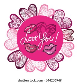 Love you Vector illustration. Red lips. Kiss. Hearts.