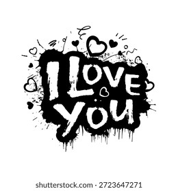  Te amo, Ilustración vectorial de letras románticas en estilo de arte callejero de graffiti con corazones y gotas de pintura