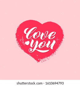 Love you vector lettering. Happy Valentines Day typography banner with handwritten calligraphy and heart on pink background. Vector illustration. For web design, greeting cards, printing on clothes.