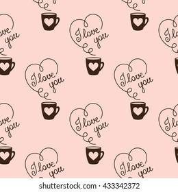 I love you. Vector seamless pattern in romantic style. Isolated cap cofee or tea and hearts in pink background. Cute wallpaper Ease black silhouette and lettering