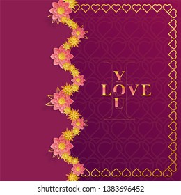 I love you vector for valentine's day with pink flowers and gold hearts on purple backgroung for greeting cards, banner, web