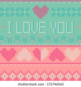 I love you - vector Valentine's day greeting card with cross stitch embroidery 