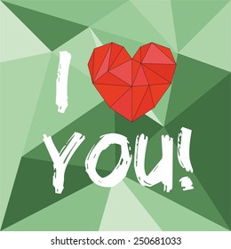 I love you vector valentine's or mother's day card with heart on green wrapping surface background