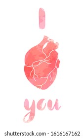 I love you. Vertical card with the inscription and pink watercolor realistic heart with splash on white background. Festive greeting card for Valentines Day. Vector picture for your creativity.