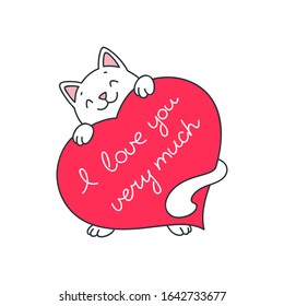 
I love you very much. Illustration of a cute white kitten holding a big pink heart in his paws. Vector 8 EPS