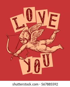 love you vintage cupid with bow and arrow card