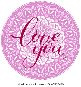 I love you violet abstract vector mandala on Valentine day. 