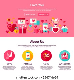 Love You Website Design. Flat Style Vector Illustration for Web Banner and Landing Page. Happy Valentine Day Holiday.