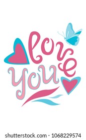  "Love you".  White background. 2 hearts, butterfly. Greeting card, banner. Logo, tag, badge. Vector illustration.