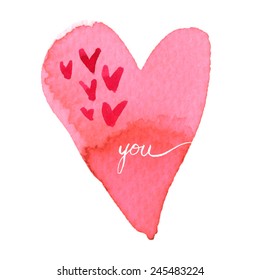 I love  you/ white words on a pink watercolor heart/ card valentine/ Lover's Day greetings/ vector illustration