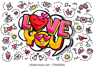 Love you word bubble. Message in pop art comic style with hand drawn hearts.