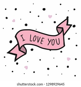I love you word on pink ribbon polka dot vector illustration