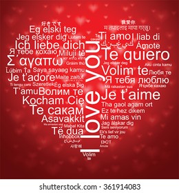 I love you word tag cloud the shape as a heart in many languages. Valentine greeting card, vector