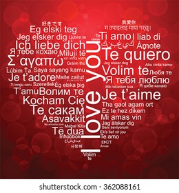 I love you word tag cloud the shape as a heart in many languages. Valentine greeting card, vector