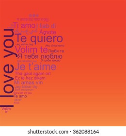 I love you word tag cloud the shape as a heart in many languages. Valentine greeting card, vector