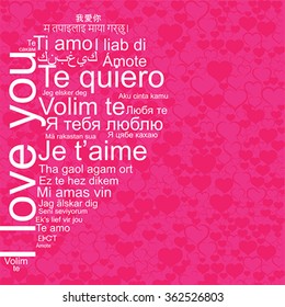 I love you word tag cloud the shape as a heart in many languages. Valentine greeting card, vector