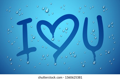 I love you words with heart drawn on a window over blurred background and water rain drops, vector realistic illustration, loneliness sadness and missing beautiful art.