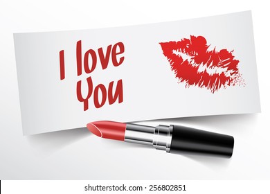 I love You written on note by lipstick with kiss, vector