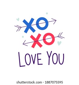 Love You. XOXO. Valentines day romantic sticker. 14 February poster template. Vector inscription for invitation and greeting cards, prints, t-short, gifts and social media. 