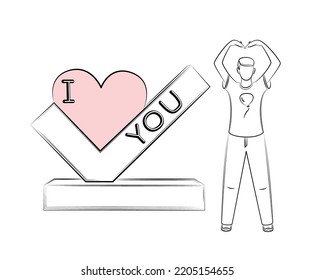 I love you. Young man, folding his hands in form of heart. Design for print, postcard, poster. Sketch, editable linear contour drawing