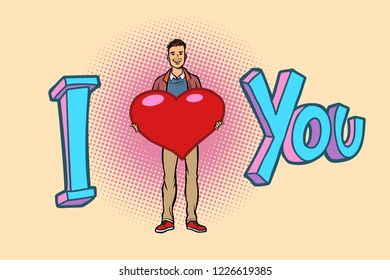 I love you. young man with valentine heart. Comic cartoon pop art retro vector illustration drawing