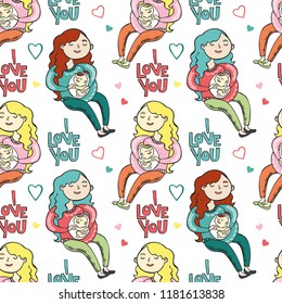 I love you. Young mother and baby. Pregnant woman. Seamless vector pattern (background).