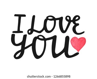I love you-hand drawn lettering quote with watercolor red heart. Valentines day greeting card with modern calligraphy. Romantic handwritten modern brush lettering. Vector illustration.