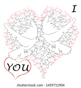 I love you.Lovely heart made from stars with flying pigeons.Love.Romantic.Happy Valentine day.