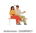 Love young couple sit on bench and emrace. Man and woman hug and talk on the date outdoors. Romantic male and female for valentine. Flat vector illustration on white background