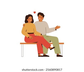 Love young couple sit on bench and emrace. Man and woman hug and talk on the date outdoors. Romantic male and female for valentine. Flat vector illustration on white background