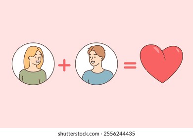 Love young guy and girl with plus between portraits and heart after equal sign. Concept of love or intimacy in boyfriend and girlfriend relationship feeling sympathy or mutual understanding