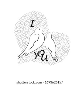 I love you.Only you.Lovely,romantic scene with two lovely pigeons and big heart.Dove.Happy Valentine day.Holiday.