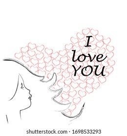 I love you.Only you.Lovely,romantic scene with young beautiful girl and big heart.Happy Valentine day.