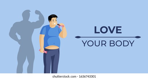 Love Your Body Banner Vector Concept With Text Space. Overweight Man Eating Chocolate And Dropping Shadow Of An Athletic Person. Appetite Correction, Diet And Weight Loss Control Flat Webpage Design.