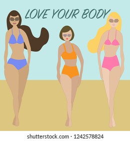 love your body. Beautiful girls body positive and people concept - group of happy women different in swimsuit on the beach.