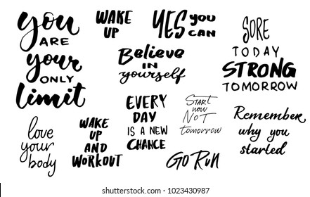 Love your body, believe in yourself, ink illustration, lettering phrases about sport, motivation quotes 