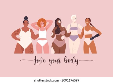 Love Your Body body-positive banner concept. Vector illustration of pretty  young women of diverse ethnicities and body types, standing in casual underwear. Isolated on light pink background