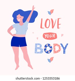 Love Your Body Card, Poster. Beautiful Woman Vector Flat Illustration.