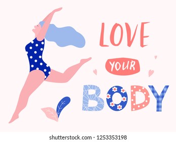 Love your body card, poster. Beautiful plus size woman vector flat illustration.