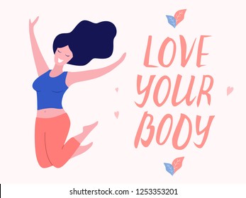 Love Your Body Card, Poster. Beautiful Plus Size Woman Vector Flat Illustration.