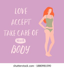 Love your body card, poster. Beautiful african woman vector flat illustration.