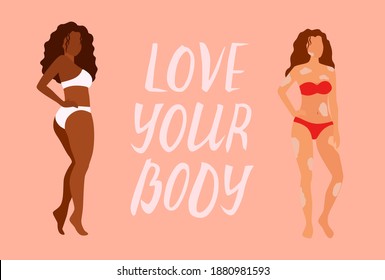 Love your body card, poster. Beautiful african women vector flat illustration.