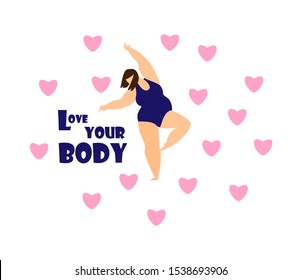 Love your body concept. Dancing plus size elegant woman with hearts. Body positive and self acceptance. Flat vector illustration.