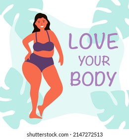 Ama la ilustración vectorial del concepto corporal. Mujer de gran tamaño con ropa interior en diseño plano sobre fondo blanco.