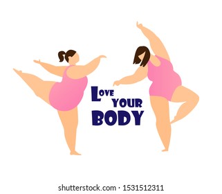 Love your body concept.Dancing  elegant plus size women in pink swimsuits. Body positive. Flat vector illustration. 